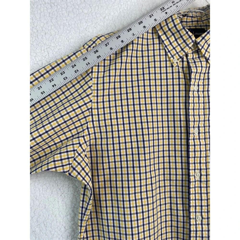 Polo Ralph Lauren Mens Custom Fit Gingham Shirt Yellow Navy Blue 16 L Long Sleev